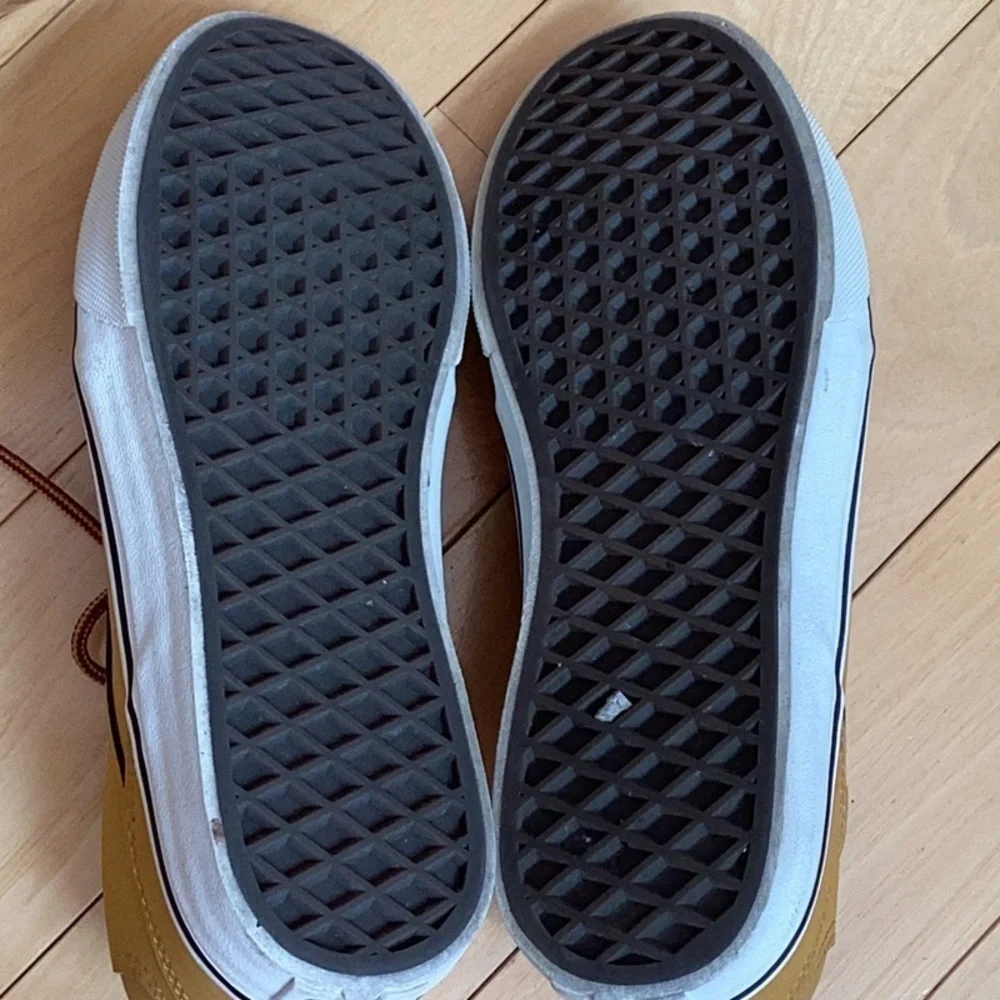 Vans youth mustard yellow with red plaid interior shoes. Size 4.5